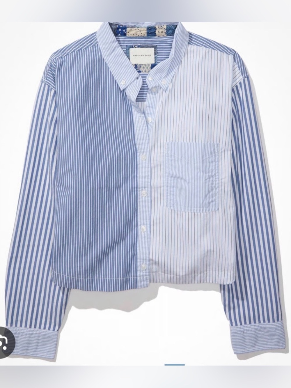 100% Cotton Striped Colour Block Cropped Long Sleeve Button Down Top